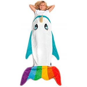 Kanguru Coperta bambini arcobaleno a coda, soffice plaid in pile a forma di Narvalo per letto, divano, sacco a pelo unicorno, Lunga 142cm idea per regalo Natale o Compleanno 4 5 6 7 8 9 10 11 12 anni