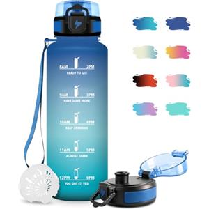 JAPORIA Borraccia 1,5 Litro, Borraccia Sportiva con Filtro, Bottiglia Acqua Sportiva con Indicatore del Tempo, Facile da Pulire, Borracce a Prova Di Perdite, per Bicicletta, Viaggio, Ufficio, Campeggio