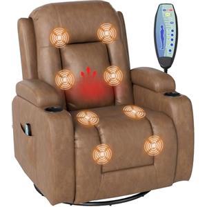 HOMCOM Poltrona Massaggiante Reclinabile Manuale, Poltrona Relax Girevole Riscaldante con Dondolo, Portabicchieri, Telecomando, Poggiapiedi, Tasche Laterali, in Pelle PU, Marrone Chiaro