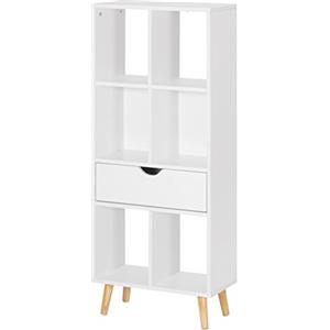 EUGAD Libreria Moderna Bianca Scaffale Espositore a 6 Cubi Mobile Autoportante per Soggiorno con 1 Cassetto Gambe in Legno Bianco