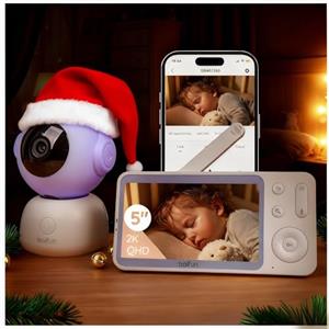 Boifun Video Baby Monitor 2K con Display 5", Telecamera a 360°, App iOS/Android, Rilevamento Pianto/Movimento/Temperatura, Visione Notturna, Batteria Potente, con/senza WiFi, per Neonati e Bambini