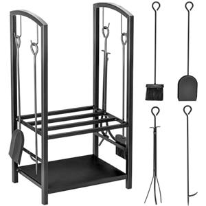 Outsunny Portalegna Elegante in Metallo Su 2 Livelli Con 4 Utensili da Camino Robusto e di Qualità 40x30x74.5cm Nero