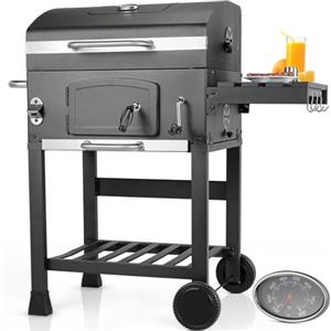 LIFERUN Barbecue Carbonella XL, Barbecue a Carbonella con Coperchio, Griglia per Barbecue con 2PCS Ruote, Termometro, Grande BBQ Smoker con Carrello per Campeggio, Giardino
