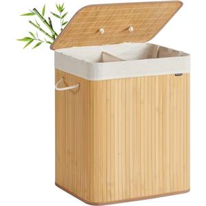 SONGMICS Cesta Portabiancheria con Coperchio, 2 Scomparti, 120 L, Cesto Porta Biancheria in Bambù, Pieghevole, Sacco Rimovibile e Lavabile in Lavatrice, Maniglie, Lavanderia Camera, Naturale LCB014Y01