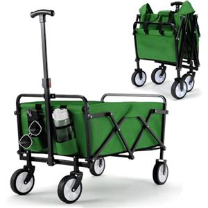LIFERUN Carrello Pieghevole con Maniglia Telescopica 2 Tasche in Rete, Carrello da Giardino 70 L, Portante 60 kg Ruote Tutti i Terreni Carrello Portaoggetti per Shopping Campeggio Giardino Spiaggia (verde)