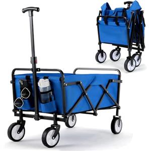 LIFERUN Carrello Pieghevole con Maniglia Telescopica 2 Tasche in Rete, Carrello da Giardino 70 L, Portante 60 kg Ruote Tutti i Terreni Carrello Portaoggetti per Shopping Campeggio Giardino Spiaggia (blu)