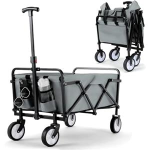 LIFERUN Carrello Pieghevole con Maniglia Telescopica 2 Tasche in Rete, Carrello da Giardino 70 L, Portante 60 kg Ruote Tutti i Terreni Carrello Portaoggetti per Shopping Campeggio Giardino Spiaggia (grigio)