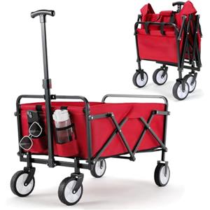 LIFERUN Carrello Pieghevole con Maniglia Telescopica 2 Tasche in Rete, Carrello da Giardino 70 L, Portante 60 kg Ruote Tutti i Terreni Carrello Portaoggetti per Shopping Campeggio Giardino Spiaggia (rosso)