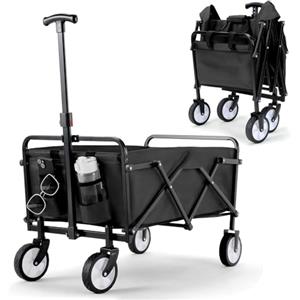 LIFERUN Carrello Pieghevole con Maniglia Telescopica 2 Tasche in Rete, Carrello da Giardino 70 L, Portante 60 kg Ruote Tutti i Terreni Carrello Portaoggetti per Shopping Campeggio Giardino Spiaggia (nero)
