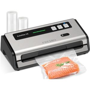 FRESKO Macchina Sottovuoto Alimenti Automatica, 140W, Doppia Saldatura a Caldo, Taglierina e Vano Porta Sacchetti Integrati, Modalità Umido e Asciutto, con 2 Sacchetti In Rotolo (Automax V6)