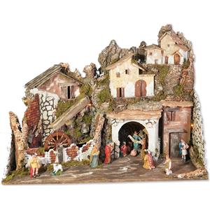 ROSSI ROSA Presepe Completo 76x40x54 cm con Mulino, 13 Statuine e 20 Luci