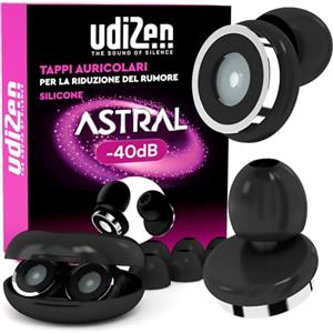 UdiZen Tappi per Orecchie Antirumore Insonorizzanti per Viaggiare Dormire Studiare -40dB UdiZen Astral - 1 Paio Inserti Auricolari Ergonomici Riutilizzabili Riduzione Rumore SNR 40dB Colore Nero con Custodia