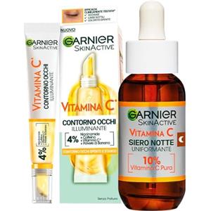 Garnier Vitamina C Siero Viso Notte Uniformante con on Acido Ialuronico 30ml + Contorno Occhi Crema Illuminante per Occhi Spenti e Stanchi Riduce Borse e Segni di Stanchezza 15ml - Set da 2