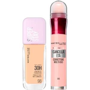 Maybelline New York Fondotinta Coprente Lunga Tenuta Superstay Lumi Matte Colore 98 da 30ml + Il Cancella Età Correttore Liquido Multiuso Colore 05 Rosa Illuminante Applicatore a Spugnetta - Set da 2