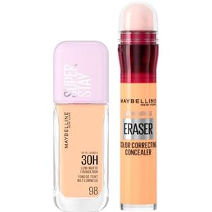 Maybelline New York Fondotinta Coprente Liquido Lunga Tenuta Superstay Lumi Matte Colore 98 da 30ml + Il Cancella Età Correttore Liquido per Macchie Blu Violacee Anti Età Colore Yellow - Set da 2