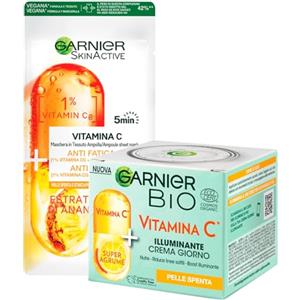 Garnier Bio Crema Viso Giorno Illuminante Vitamina C per Pelli Spente Riduce Linee Sottili con Super Agrume da 50ml + Maschera in Tessuto Anti Fatica Monouso Formula Vegana