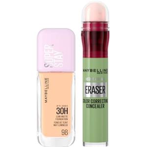 Maybelline New York Fondotinta Coprente Liquido Lunga Tenuta Superstay Lumi Matte Colore 98 da 30ml + Il Cancella Età Correttore Liquido per Copertura Rossori e Macchie Scure Colore Green - Set da 2