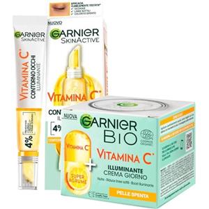 Garnier Bio Crema Viso Giorno Illuminante per Pelli Spente Riduce Linee Sottili con Super Agrume 50ml + SkinActive Contorno Occhi Vitamina C Sguardo Fresco Riposato 15ml