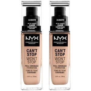 NYX Professional Makeup Fondotinta Can't Stop Won't Stop Tonalità 02 Alabaster Liquido Waterproof Lunga Tenuta 24h Finish Matte Leggero No Transfer e Ultra Pigmentato - 2 Fondotinta da 30ml