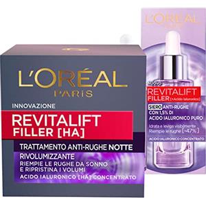 L'Oreal Paris L'Oréal Paris Siero Viso Revitalift Filler Azione Rimpolpante + Revitalift Filler Crema Trattamento Viso Notte Anti-Rughe Rivolumizzante - 2 Trattamenti con Acido Ialuronico