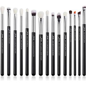 Jessup 15Pz Pennelli per trucco professionale Set pennelli Strumenti cosmetici Eye Liner Sfumatura Manico in legno Setole in materiale sintetico-naturale Nero/Argento T177