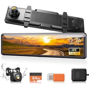 iZEEKER 4K Doppia Dash Cam, 4K Telecamera per Specchio Retrovisore Auto, Telecamera per Auto con Scheda 64GB, GPS, Display da 12", Sensore G, Assistenza al Parcheggio, Modalità parcheggio 24H