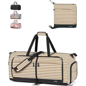 Lekesky Borsone da Viaggio Borsone Palestra Donna Uomo 80L, Borsa da Viaggio Weekend Pieghevole con Scomparto Scarpe e Tracolla, Leggero Impermeabile Borse Bagaglio a Mano per Ospedale, Beige Marrone