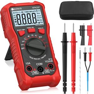 Neoteck Multimetro Digitale 2000 Conteggi AC DC Corrente Tensione Resistenza Capacitanza NCV Frequenza Temperatura con Clip a Coccodrillo Tester Elettricista Con Display Retroilluminato - Rosso