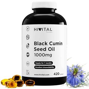 HIVITAL foods Olio di Cumino Nero 1000 mg. 420 capsule per 7 mesi di trattamento. Olio Naturale di Nigella Sativa Egiziana Spremuta a Freddo con il 55% di Acido Linoleico. Black Cumin. Prodotto in Europa da HIVITAL