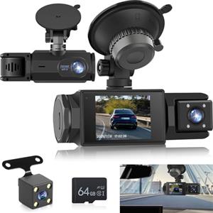 Techschermo Dash Cam Auto Senza Fili WiFi - 3 Canali Fronte Interno Retro, Full HD 1080P, 2" IPS, Visione Notturna, Rilevamento Movimento, Loop, Scheda 64GB Inclusa, Obiettivo Rotabile
