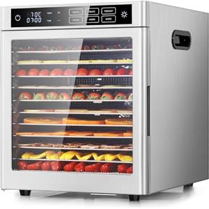 Kwasyo Essiccatore Alimentare professionale in Acciaio Inossidabile 12 Vassoi, 6 Funzioni Preimpostate, Essiccatore 800W, 6 Tappetini in Silicone, 2 Barattoli, 2 Vassoi per Rotoli di Frutta Inclusa