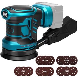 Roadtime Levigatrice orbitale per batteria Makita da 18 V (non batteria), smerigliatrice da 125 mm, 3 velocità 7,000 - 11,000 giri/min, con contenitore di raccolta della polvere e 15 carta vetrata