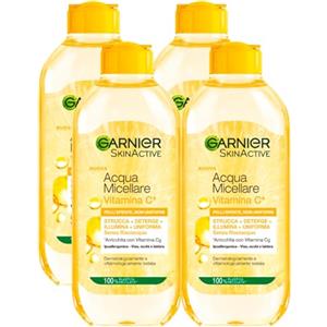 Garnier SkinActive Acqua Micellare Ipoallergenica Struccante e Detergente per Viso Occhi Labbra Illumina e Uniforma Senza Risciacquo con Vitamina C - 4 Flaconi da 400ml