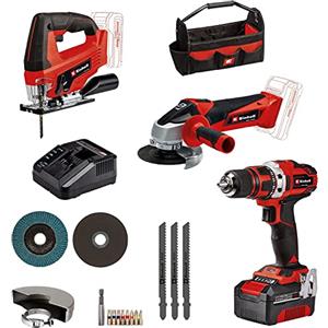 Einhell Trapano avvitatore TE-CD 18/40 Li + smerigliatrice angolare TC-AG 18/115 Li + seghetto alternativo TC-JS 18 Li Power X-Change (18 V, incl. 1 batteria da 4,0 Ah, caricabatterie, custodia)
