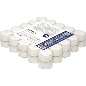 Horeca Candles - 50 Lumini Tealight Bianche - Durata 8 ore - Inodore, Non Profumate - Set da 50 Pezzi Tè Luci - Bicchiere di Plastica Trasparente