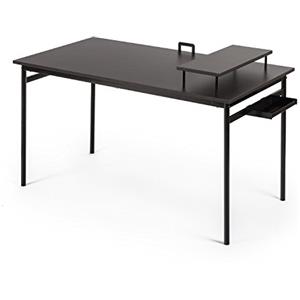 Zinus Tresa Tavolo da scrivania 140x75 cm - Scrivania in metallo e legno con vano portaoggetti e supporto per monitor - Scrivania per computer - Marrone scuro legno e Nero metallo