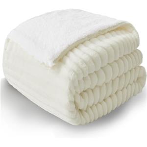 WAVVE Coperta Plaid Pile di Sherpa - Coperta a righe 150x200 cm, Bianco Beige - Coperta Pelosa- Divano/Letto Singolo/Matrimoniale, Copridivano di Microfibra Calda e Morbida