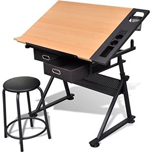 Generico Tavolo Inclinabile da Disegno a Due cassetti con Sgabello (27,06KG)