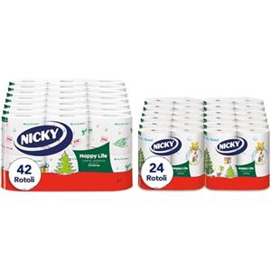 Nicky Happy Life Christmas - 42 Rotoli di Carta Igienica da 170 Strappi a 3 Veli + 24 Rotoli di Carta Cucina da 100 Strappi a 2 Veli, 4 Fantasie Natalizie, Apertura Facilitata, Carta FSC
