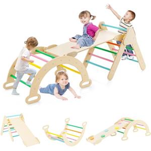 RELAX4LIFE 4 in 1 Triangolo da Arrampicata con Scivolo per Bambini, Arco da Arrampicata e Scala per Arrampicarsi in Legno, Montessori Giocattoli Bimbi 2 3 4 5 Anni (Colorato)