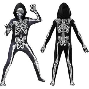 Azhong toys Costume da Scheletro per Bambini, Tuta con Stampa Scheletro e Cappuccio, Costume Skelito per Halloween,Costume halloween Bambino Feste e Cosplay, per Ragazzo Ragazza (140)