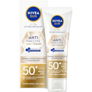 NIVEA SUN Luminous630 Crema Solare Viso SPF 50+ 40 ml, Protezione solare viso in fluido leggero, Crema antimacchie viso con Acido Ialuronico, Thiamidol brevettato e filtri UVA/UVB, Crema viso SPF 50+
