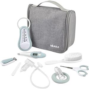 BÉABA - Set per la Cura del Bambino, Kit Completo de 9 Accessori: Termometro da Bagno Digitale, Aspiratore nasale, Massaggiatore di Gengive, Borsa da Toilette da Viaggio, Green Blue