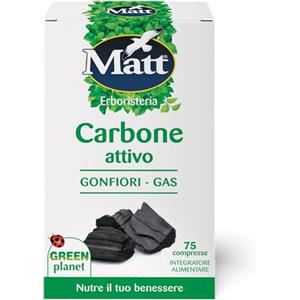 Matt, Carbone Attivo Vegetale, Integratore Alimentare a Base di Carbone Attivo Vegetale, Utile per Contrastare il Gonfiore Addominale, Confezione da 75 Compresse, 37,8 g