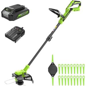 Greenworks 24V Tagliabordi a batteria, larghezza di taglio di 30 cm, rotazione di 90°, incluso rocchetto di filo e 20 lame in plastica, inclusa batteria da 2.0 Ah e caricabatterie