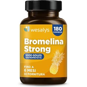 WESALYS Bromelina Forte Drenante 5000 GDU/g Gastroprotetta, 180 Compresse (Fino a 6 mesi di Fornitura). Funzione Digestiva e Drenante, Contrasta la Sensazione di Pesantezza delle Gambe. Bromelina Strong