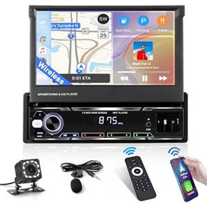 Inefala Autoradio 1 Din con Schermo a Scomparsa Compatibile con Carplay Android Auto, 7 Pollici Touchscreen Stereo Auto Supporta Bluetooth/Mirror Link/FM AM RDS/USB/AUX/EQ con Telecamera Posteriore