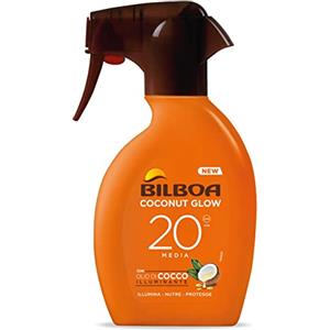 Bilboa, Trigger Solare Coconut Glow SPF 20, Crema Solare Spray con Olio di Cocco e Vitamina E, Leggera sulla Pelle, Protezione Solare Resistente all'Acqua, 250 ml