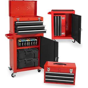 DAIMANN - Carrello Porta Attrezzi Professionale con 3 Cassetti Scorrevoli e Armadietto con Serratura per Garage e Officina, Struttura in Metallo Verniciato Facile da Spostare (Rosso)