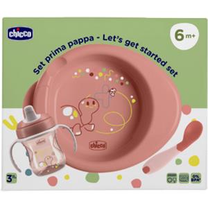 Chicco Set Pappa 6M Rosa - Tazza Training, Cucchiaio Angolato e Piatto Pappa Calda, 0% BPA